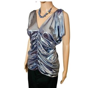 Silver Ruched Sleeveless Blouse with V-Neck